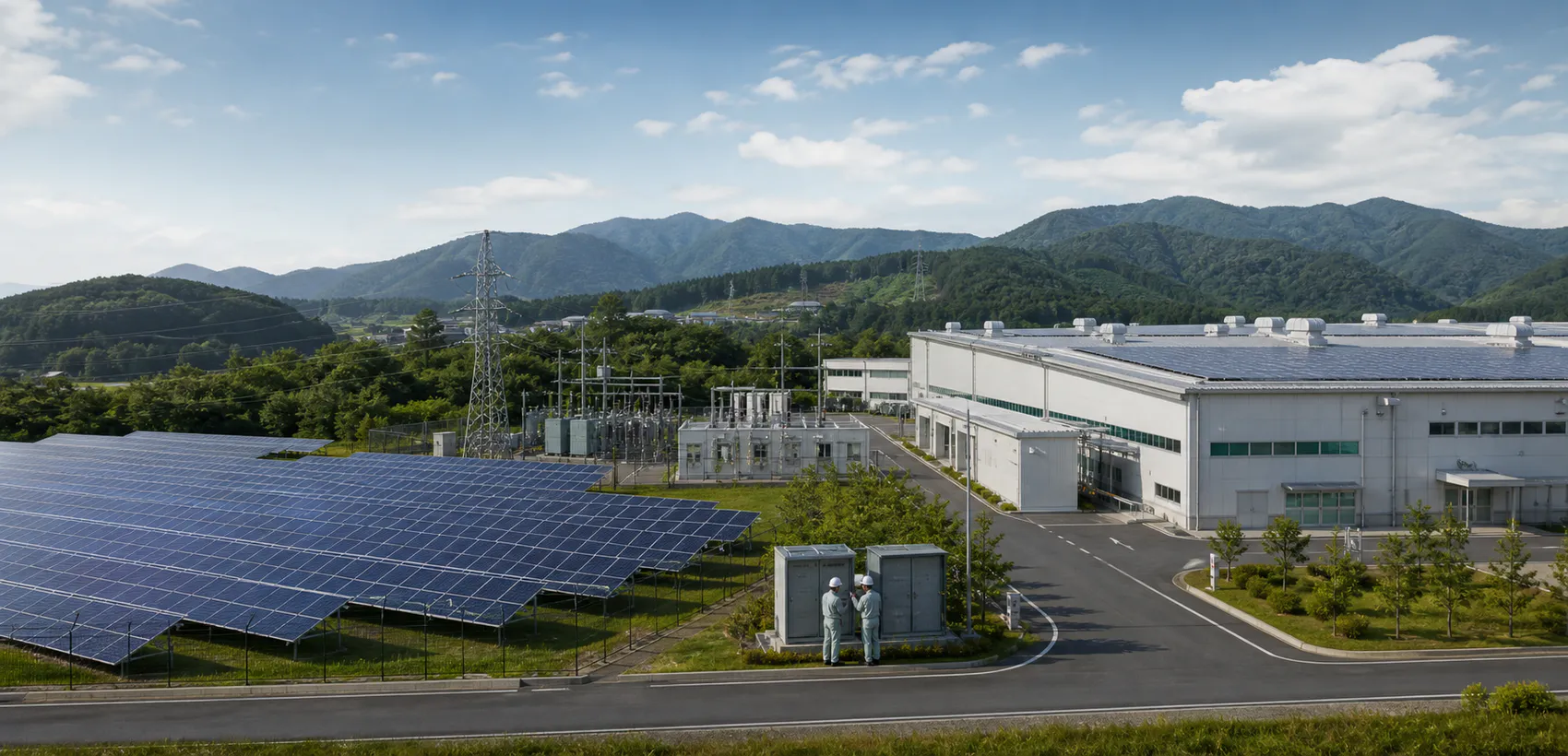地上設置型発電所と屋根設置型太陽光設備、系統設備のイメージ
