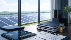太陽光発電所の売却資料と発電実績を整理するイメージ