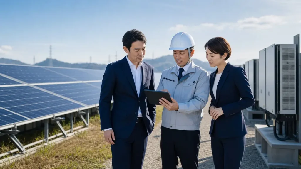 太陽光発電所で専門家と現地確認を行うイメージ