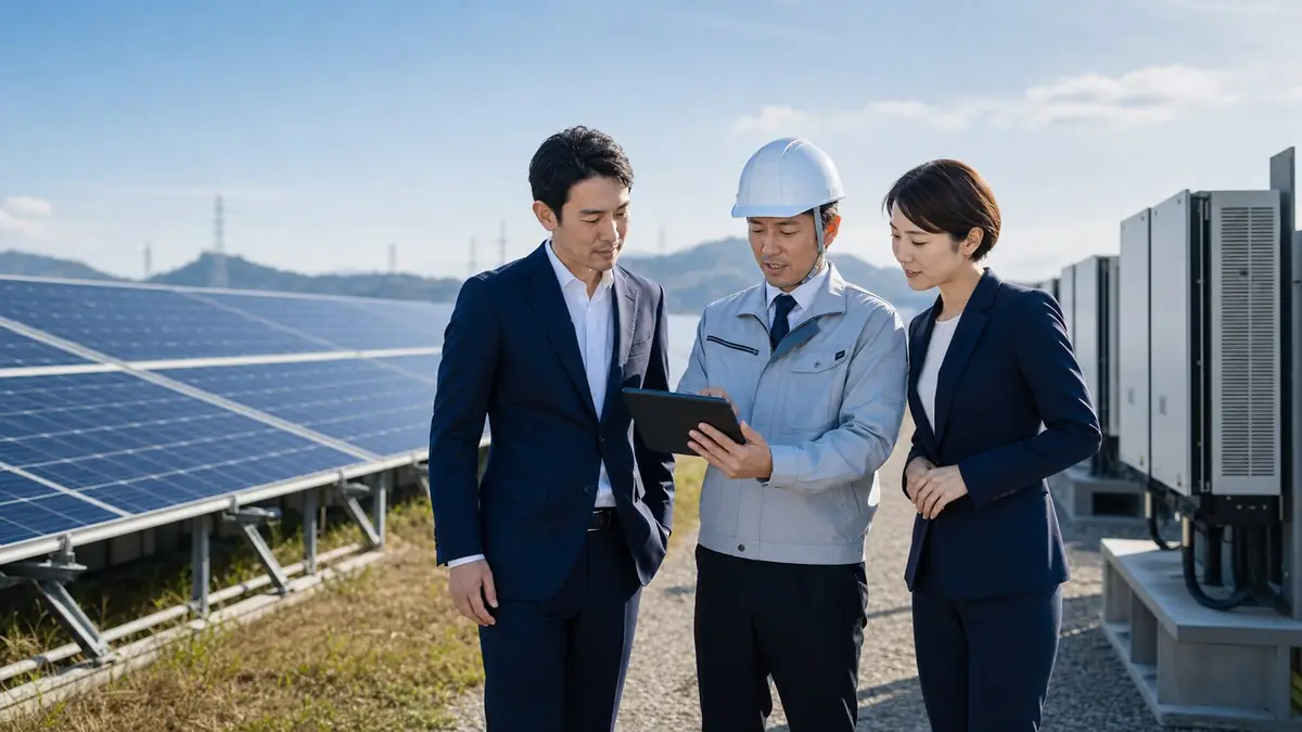 太陽光発電所で専門家と現地確認を行うイメージ