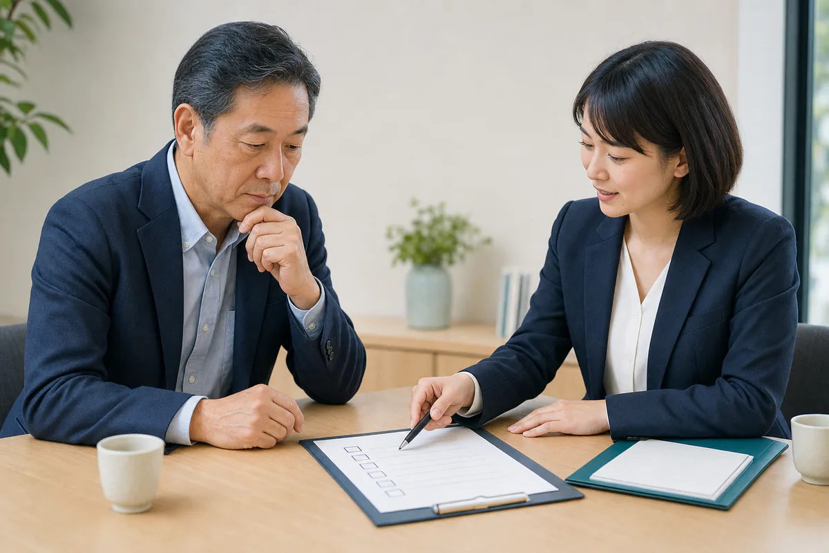太陽光M&Aの支援方針と情報開示の流れを確認する経営者とアドバイザー