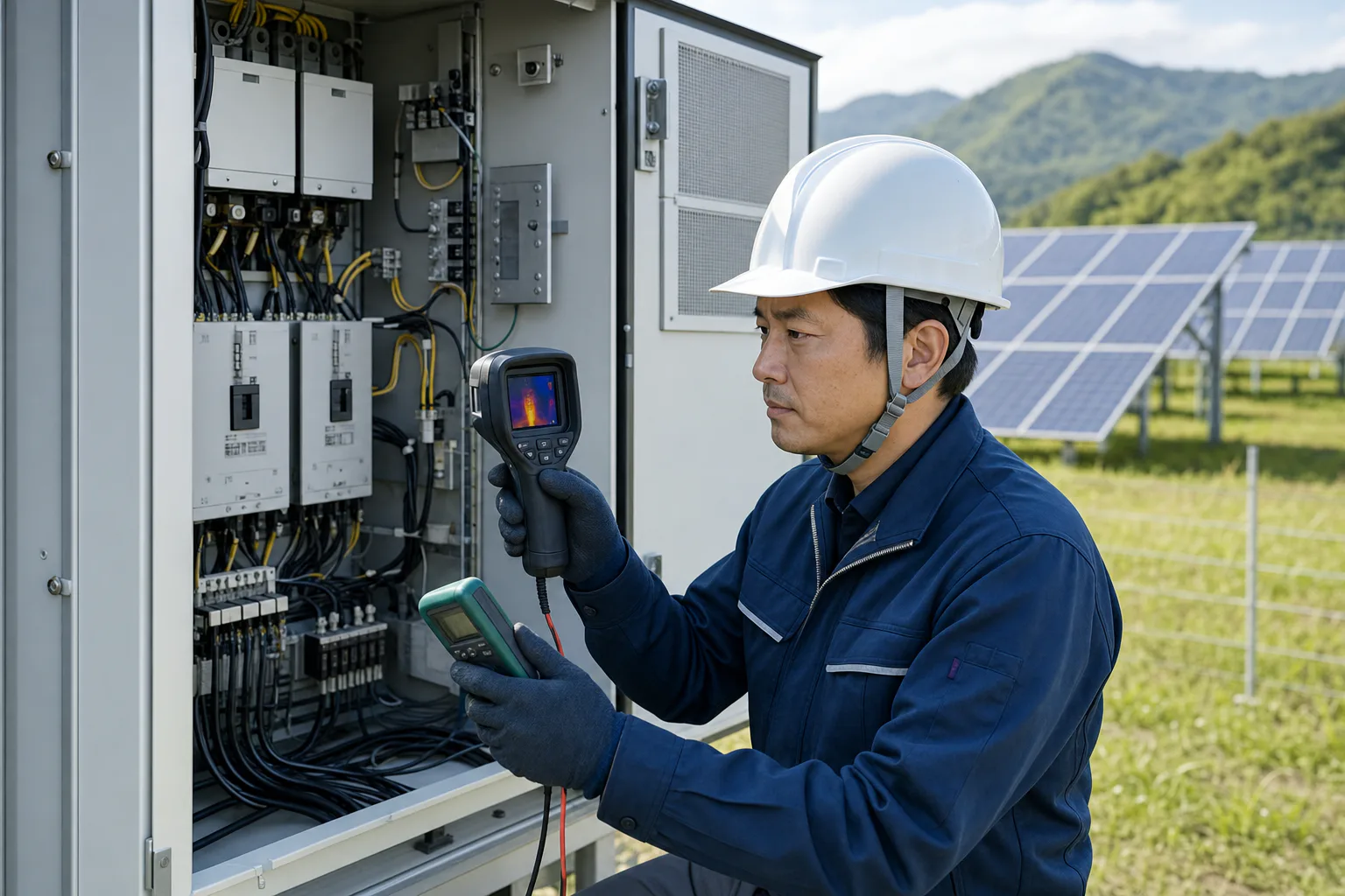 太陽光発電所のPCSを点検機器で確認する技術者