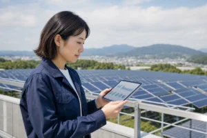 太陽光発電所で発電実績を確認する運営担当者