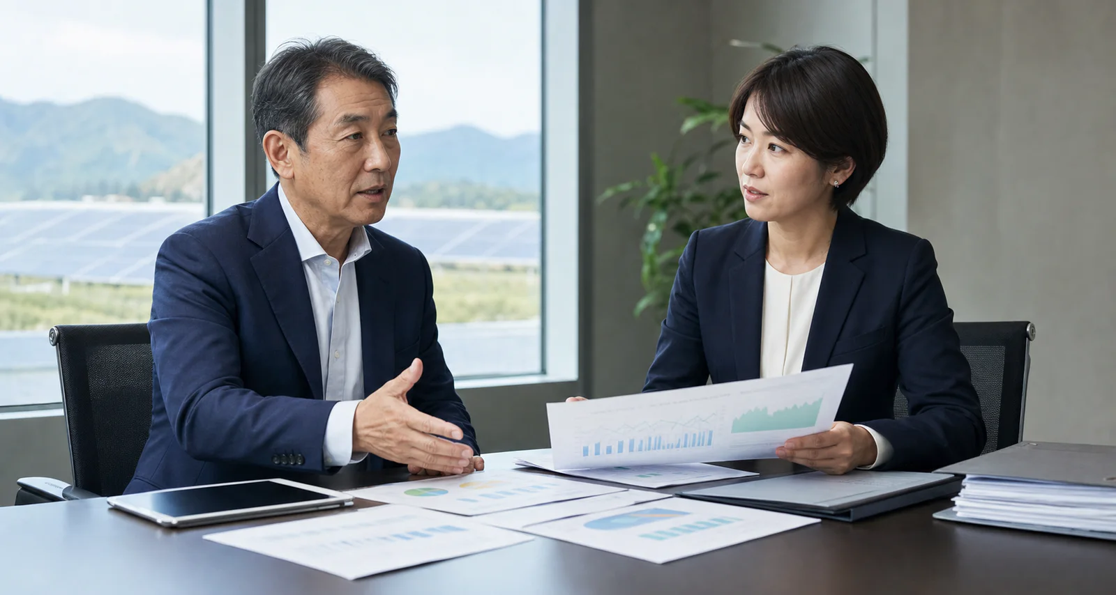発電所資料を確認しながら譲渡準備を相談する太陽光事業者とアドバイザー