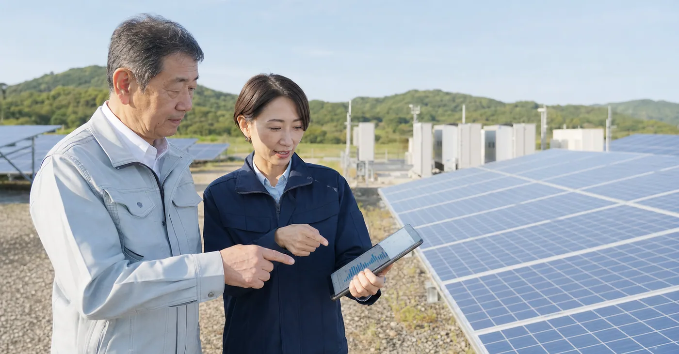 太陽光発電所で設備状況を確認する事業者と技術アドバイザー
