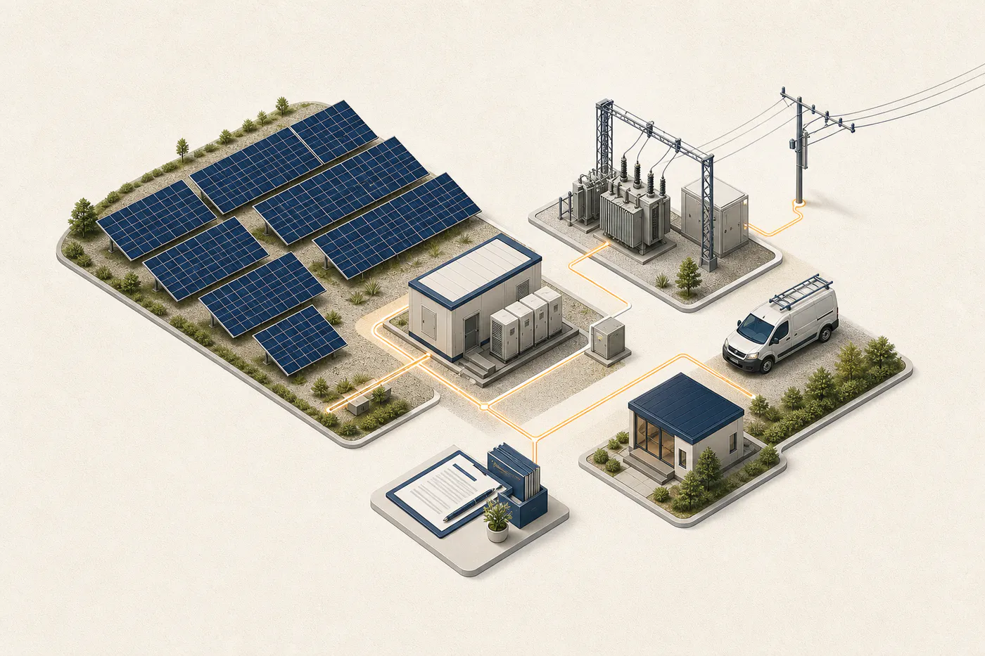 太陽光発電事業を構成する設備、系統接続、土地、保守運用の概念図
