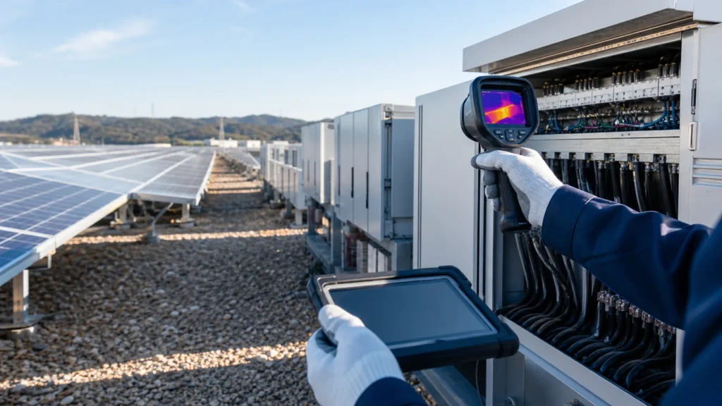 太陽光M&A 技術DDで発電所のI-V測定・赤外線検査・PCSログを照合する技術者の作業風景